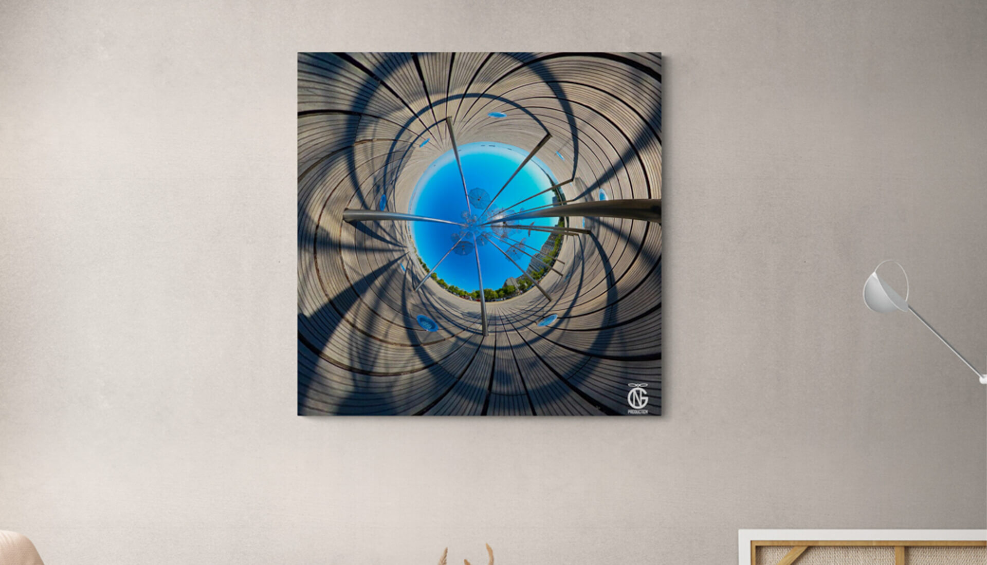 Umbrellas Nea Paralia, Thessaloniki | Inverted Tiny-Planet 360° Canvas | Handmade in Greece