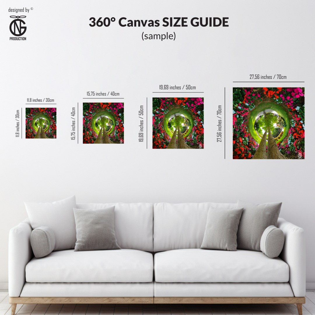 360° canvas size guide displayed above a modern sofa, showing available dimensions from 30x30 cm to 70x70 cm.