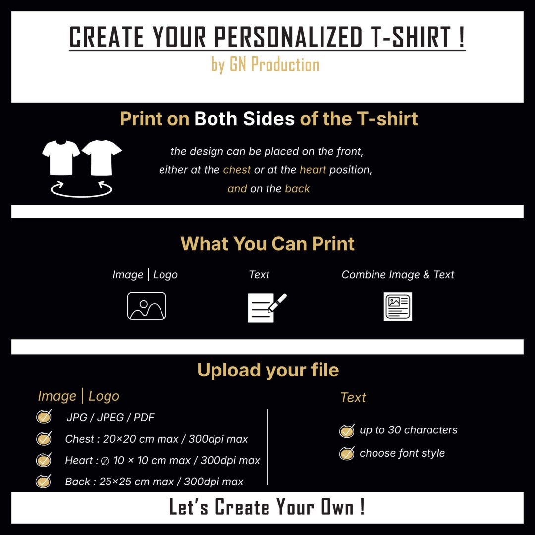 Instruction guide for personalized t-shirt printing on both sides with image, text, or combined design.