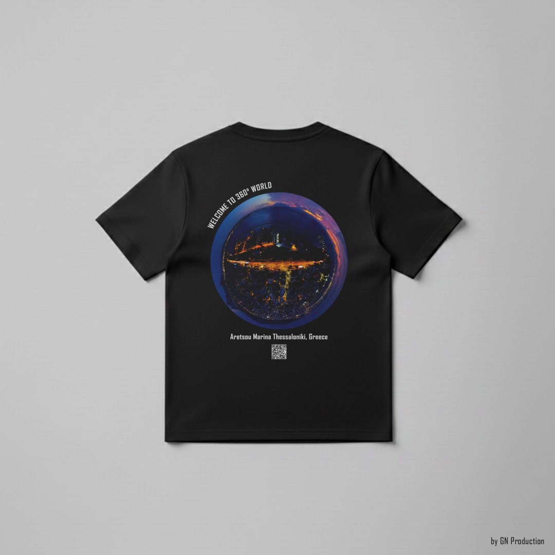 Black art T-shirt with Aretsou Marina Thessaloniki night drone tiny-planet 360° design, flat lay back view, Greece