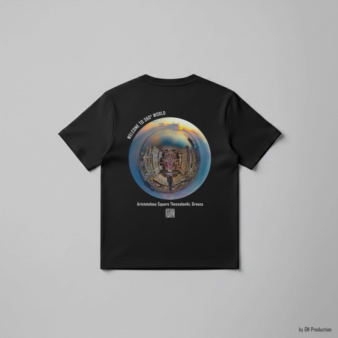 Black art T-shirt featuring Aristotelous Square Thessaloniki golden-hour tiny-planet 360° Christmas edition artwork, flat lay back view, Greece