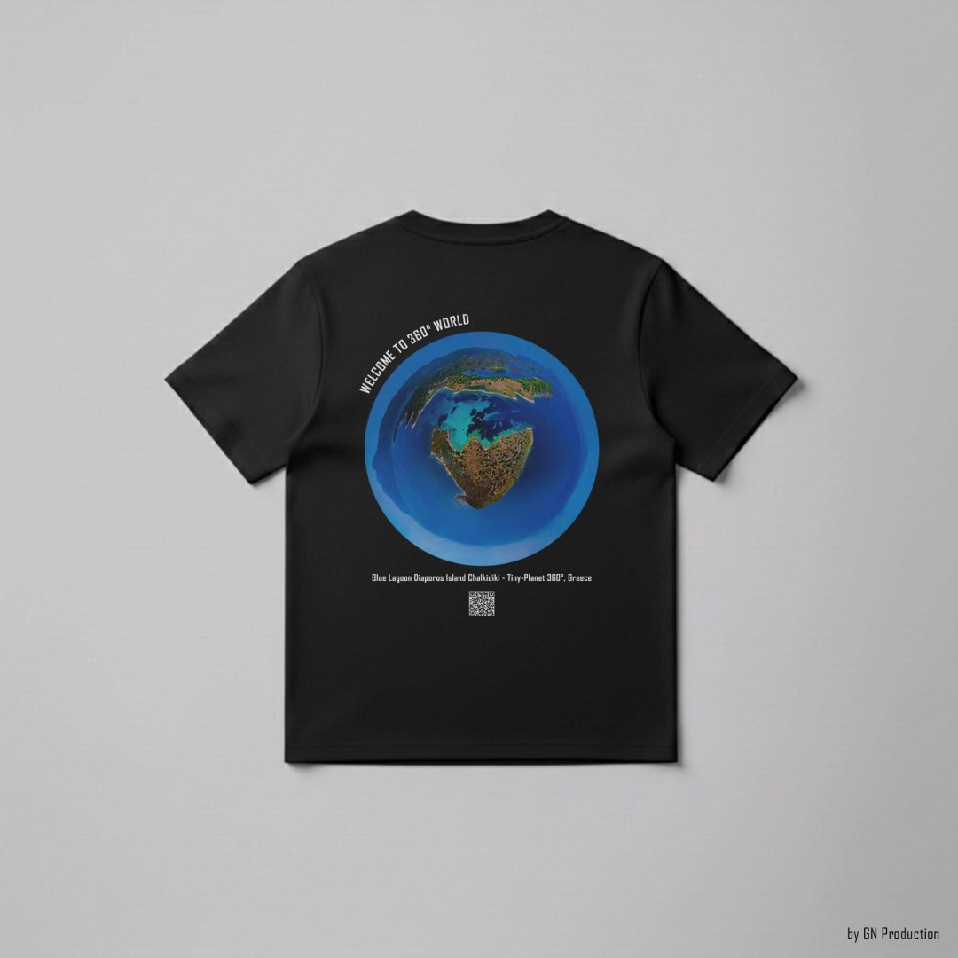 Black t-shirt with Blue Lagoon Diaporos Island Chalkidiki tiny-planet 360° artwork printed on the back, GN Production art wear