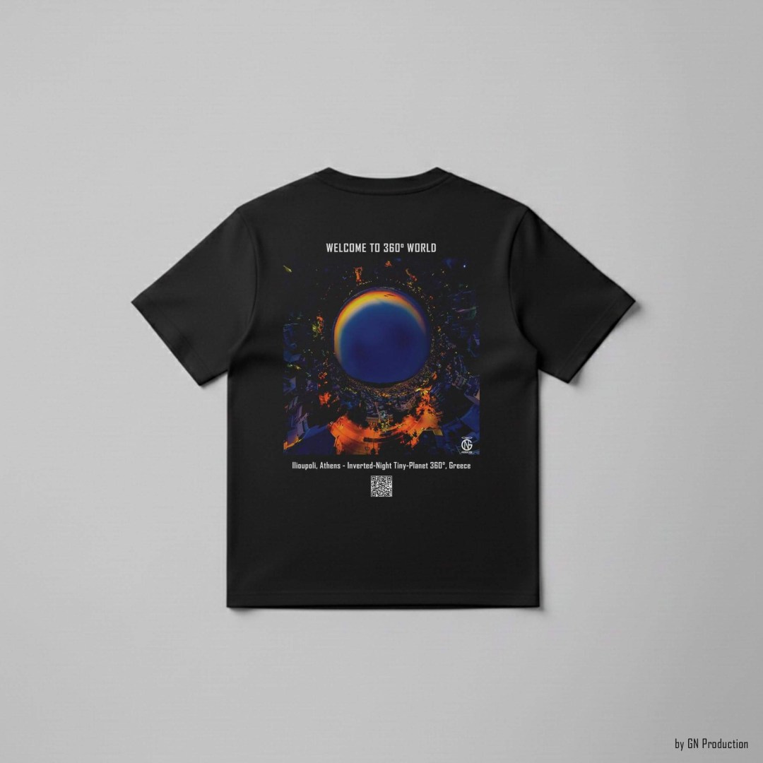 Black art T-shirt laid flat featuring inverted-night tiny-planet 360° artwork of Ilioupoli, Athens, with dramatic urban night colors.