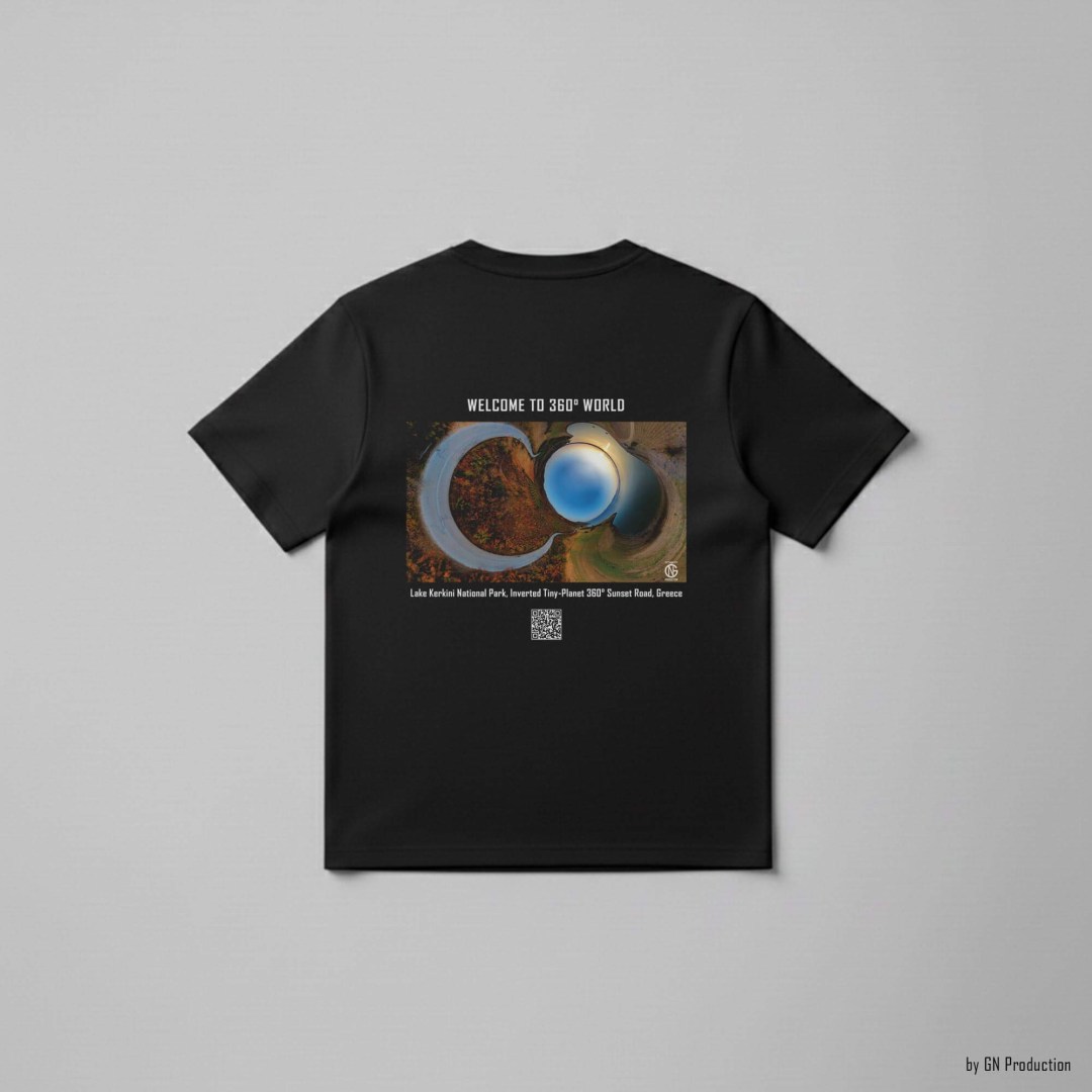 Black art T-shirt flat lay showcasing Lake Kerkini National Park inverted tiny-planet 360° sunset road artwork, with QR code and GN Production signature, handmade in Greece.