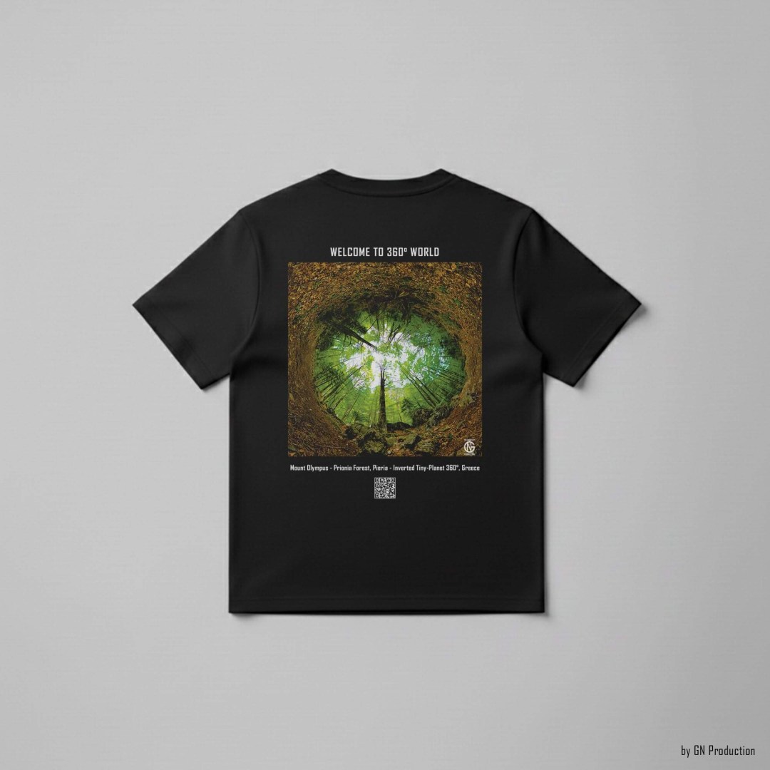 Black Art T-Shirt flat lay featuring Mount Olympus – Prionia Forest inverted tiny-planet 360° artwork, circular forest perspective with skyward trees, GN Production.