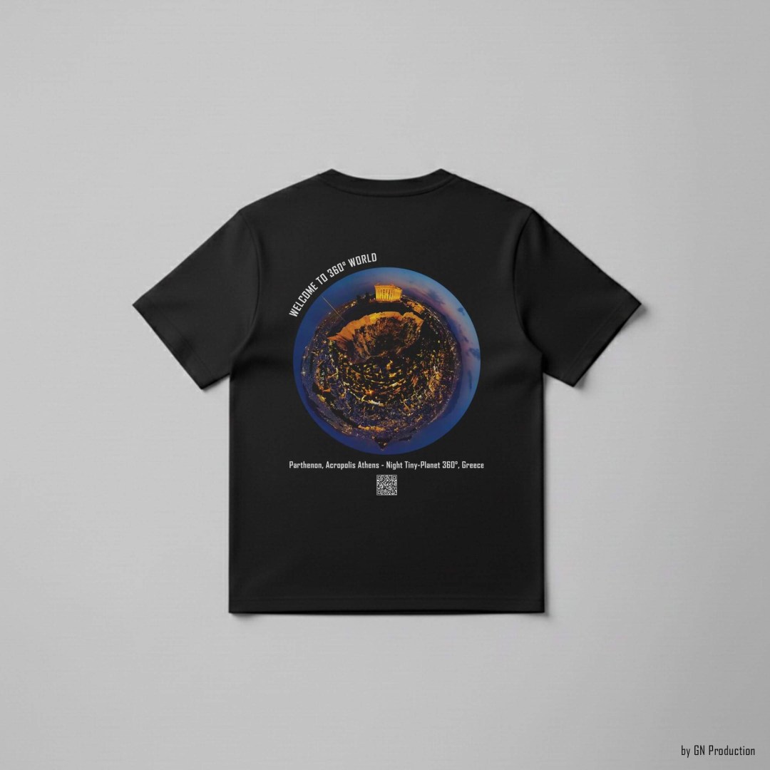 Black art t-shirt with Parthenon Acropolis Athens night tiny-planet 360° artwork and QR code on back