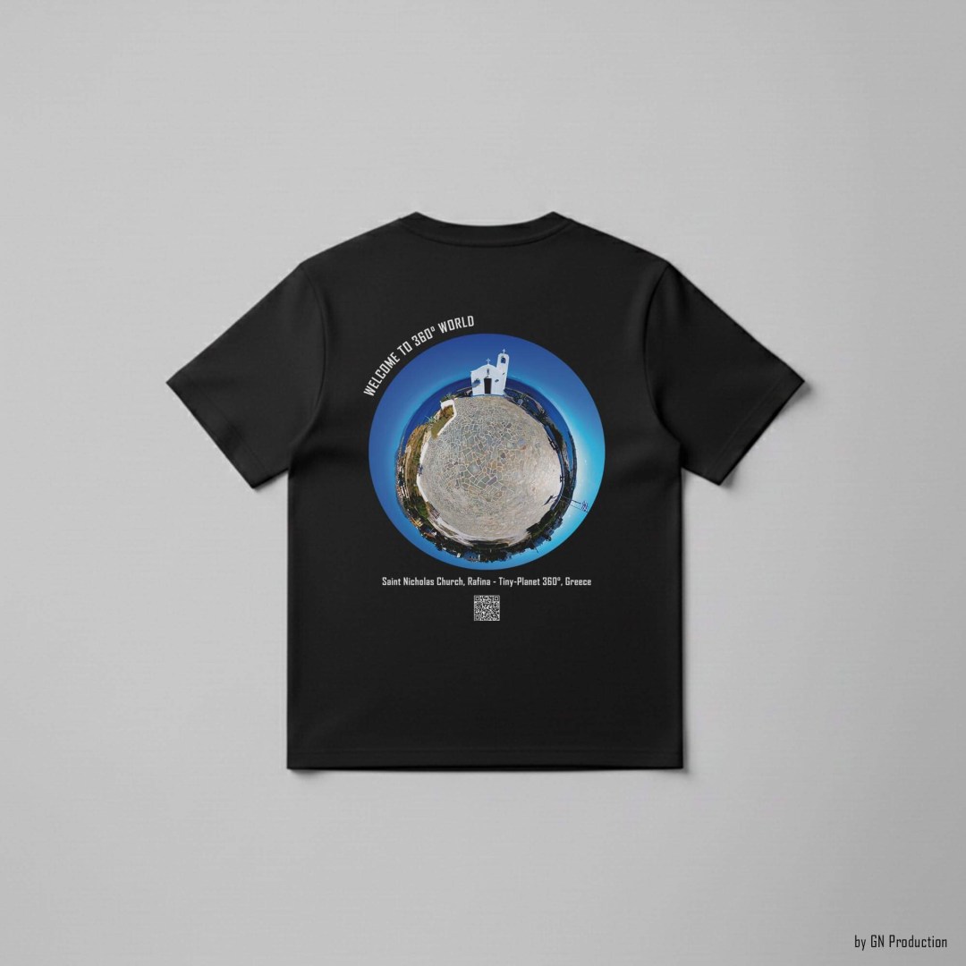 Black art T-shirt flat lay with Saint Nicholas Church, Rafina tiny-planet 360° design, Greek coastal photography.