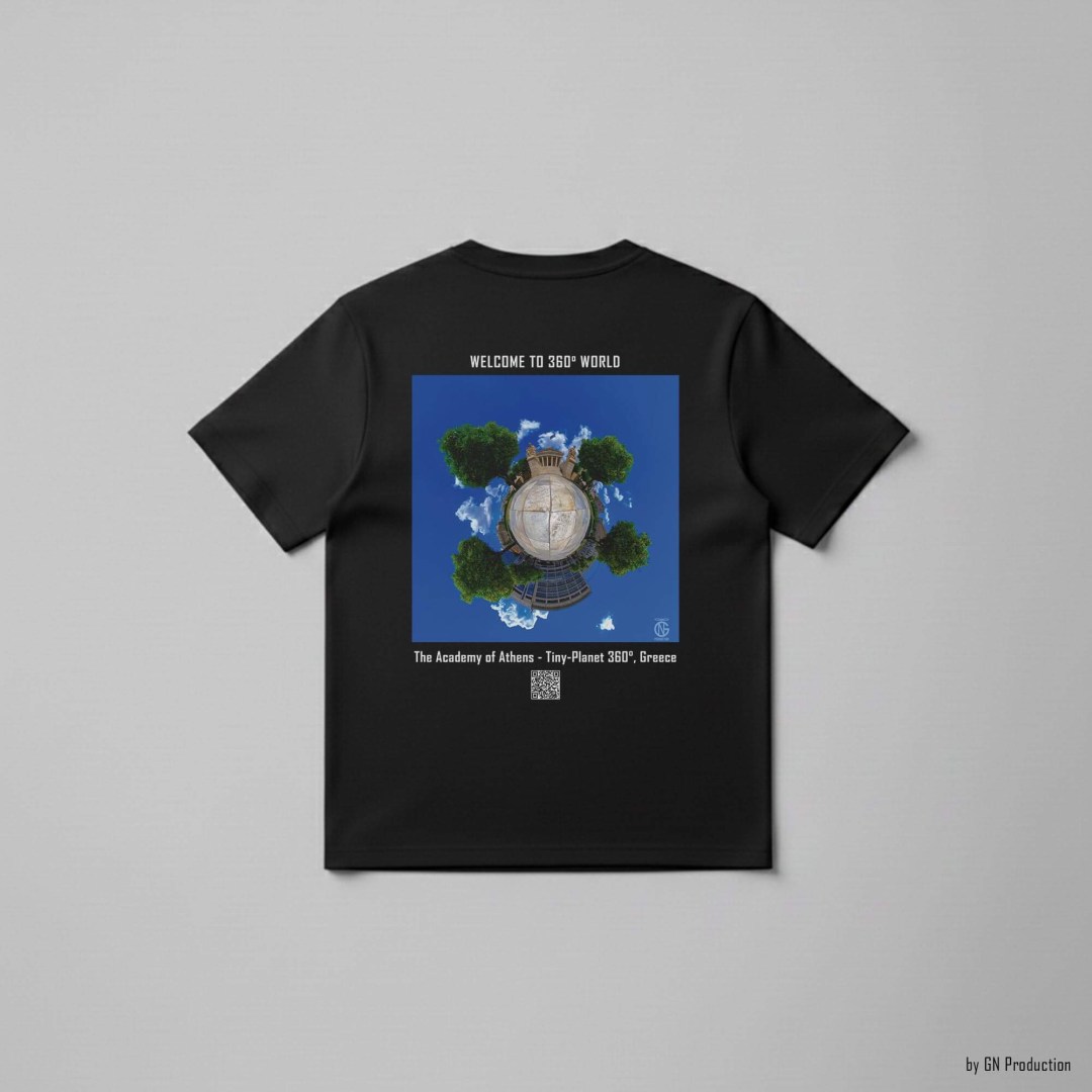 Black art T-shirt featuring a tiny-planet 360° view of the Academy of Athens on Akadimias Street, neoclassical marble architecture, GN Production Greek art wear.
