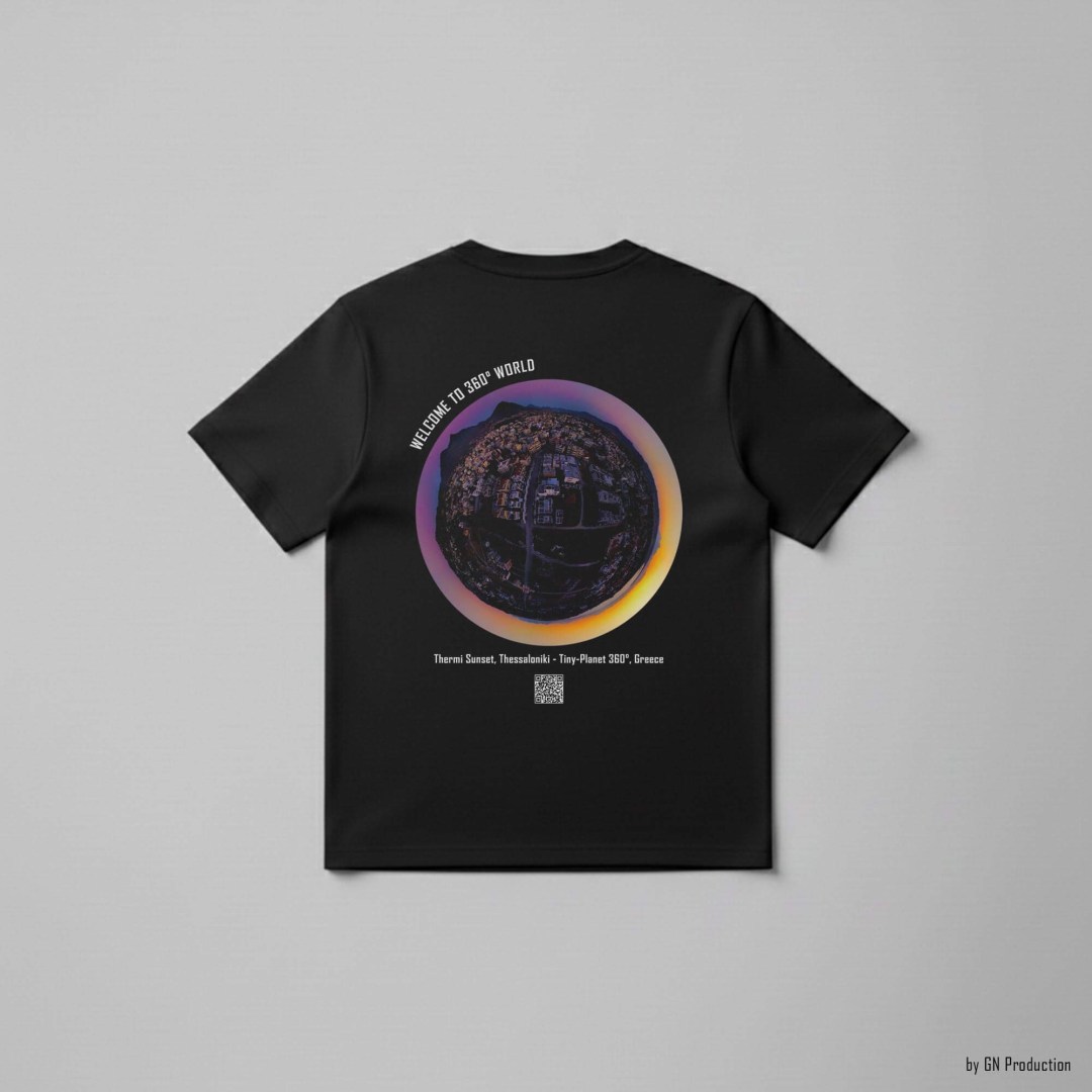 Black art T-shirt flat lay featuring Thermi Sunset, Thessaloniki tiny-planet 360° design, Greek contemporary art by GN Production.