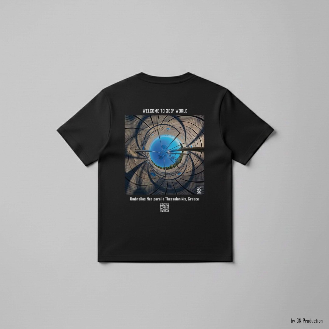 Black art t-shirt with inverted tiny-planet 360° design of Zongolopoulos’ Umbrellas at Nea Paralia, Thessaloniki, Greece.