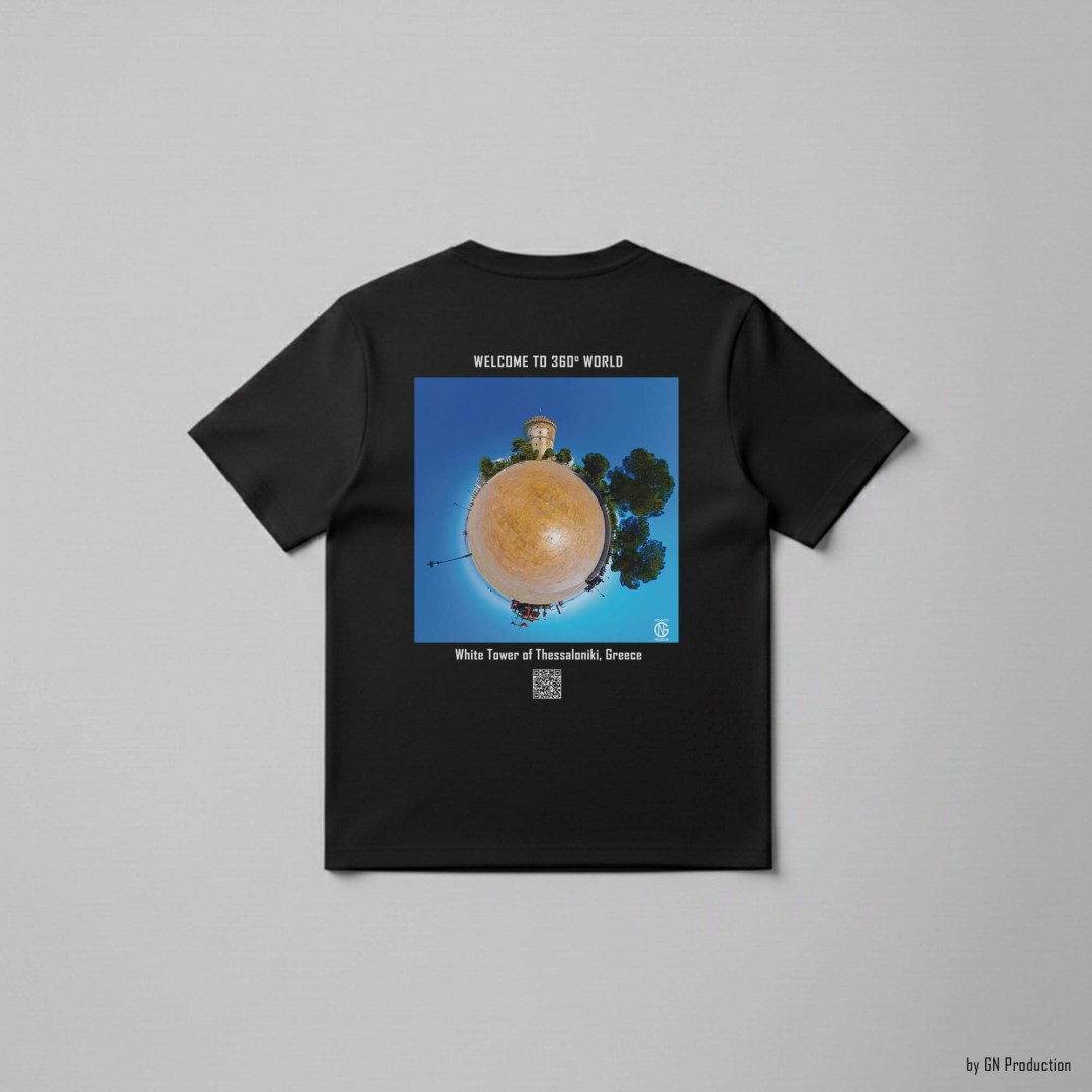Black art T-shirt with White Tower of Thessaloniki tiny-planet 360° design, Greek landmark wearable art by GN Production