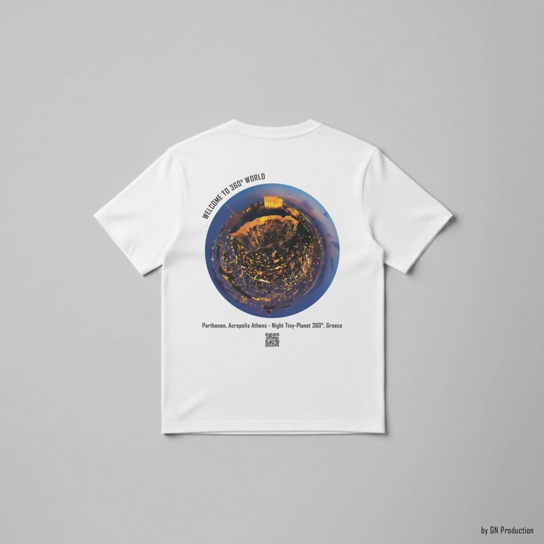 White art t-shirt featuring Parthenon Acropolis Athens night tiny-planet 360° artwork and QR code