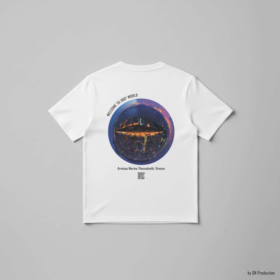 White art T-shirt featuring Aretsou Marina Thessaloniki night drone tiny-planet 360° artwork, flat lay back view, Greece