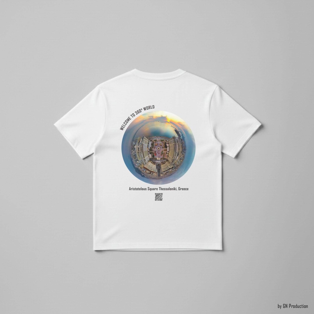 White art T-shirt with Aristotelous Square Thessaloniki golden-hour tiny-planet 360° Christmas edition design, flat lay back view, Greece