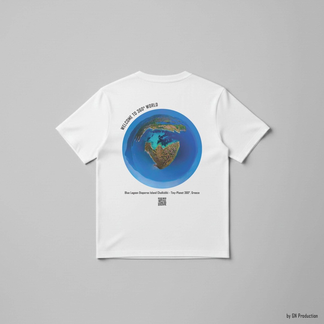 White t-shirt featuring Blue Lagoon Diaporos Island Chalkidiki tiny-planet 360° artwork on the back, wearable art by GN Production