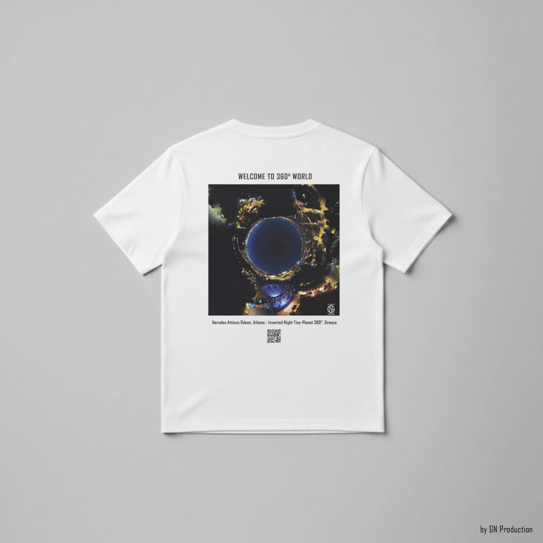 White art T-shirt featuring inverted night tiny-planet 360° artwork of Herodes Atticus Odeon, Athens.