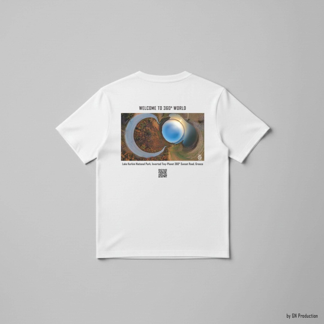 White art T-shirt flat lay displaying Lake Kerkini National Park inverted tiny-planet 360° sunset road artwork with QR code, premium Greek art apparel.