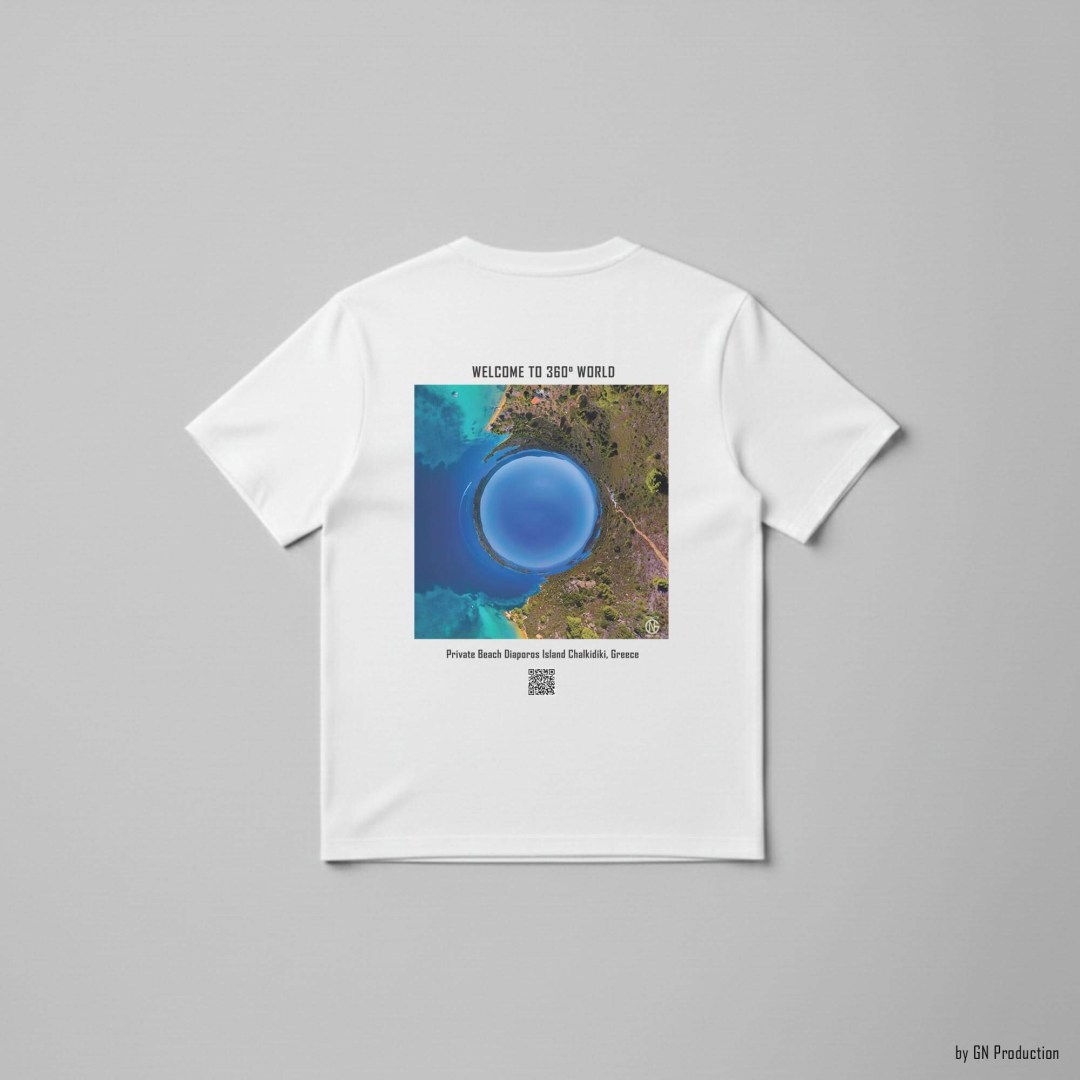 White art T-shirt with inverted tiny-planet 360° view of Private Beach, Diaporos Island, turquoise waters and rocky shoreline, GN Production design.