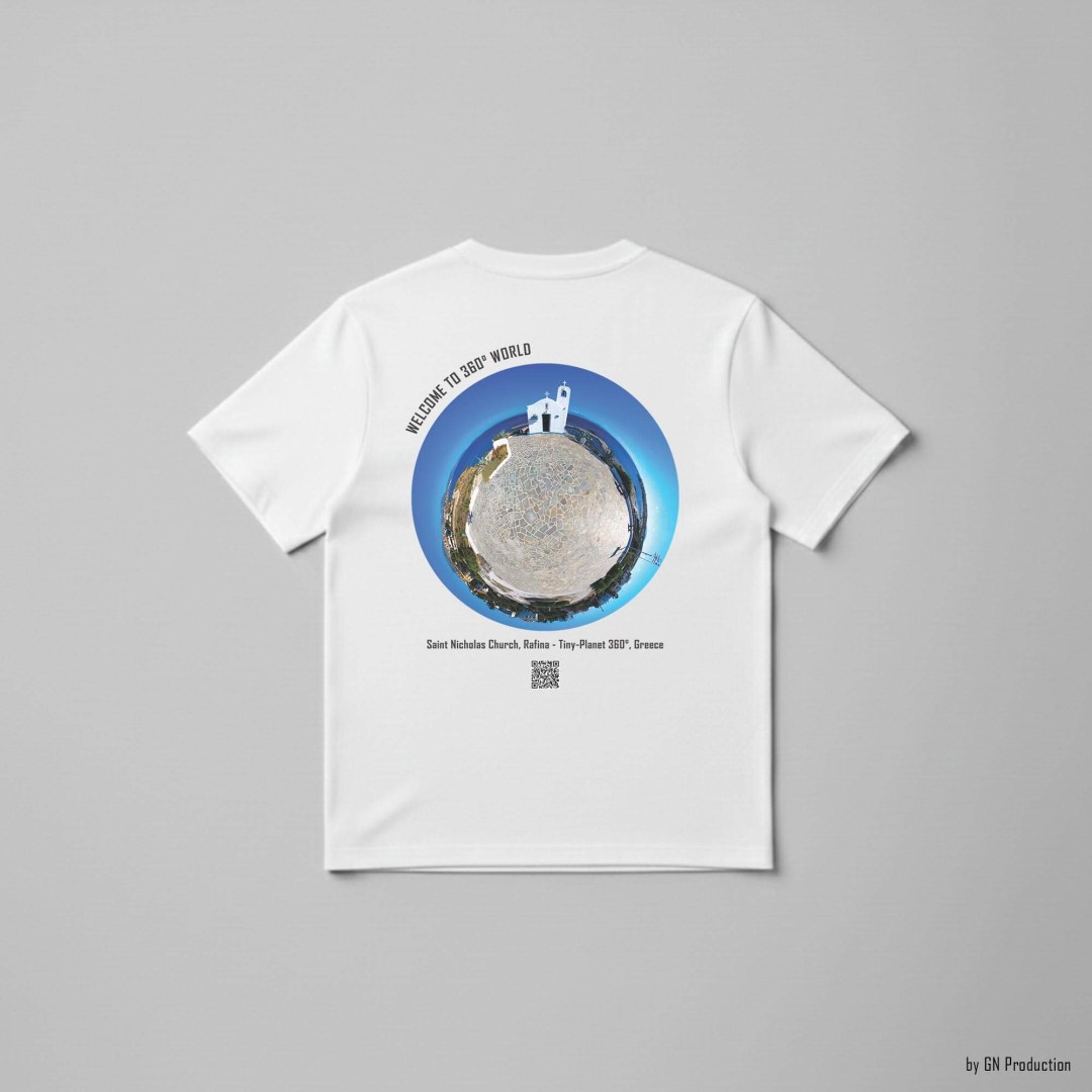 White art T-shirt flat lay featuring Saint Nicholas Church, Rafina tiny-planet 360° artwork.