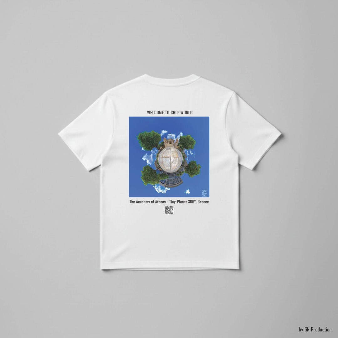 White art T-shirt featuring a tiny-planet 360° view of the Academy of Athens on Akadimias Street, neoclassical marble architecture, GN Production Greek art wear.
