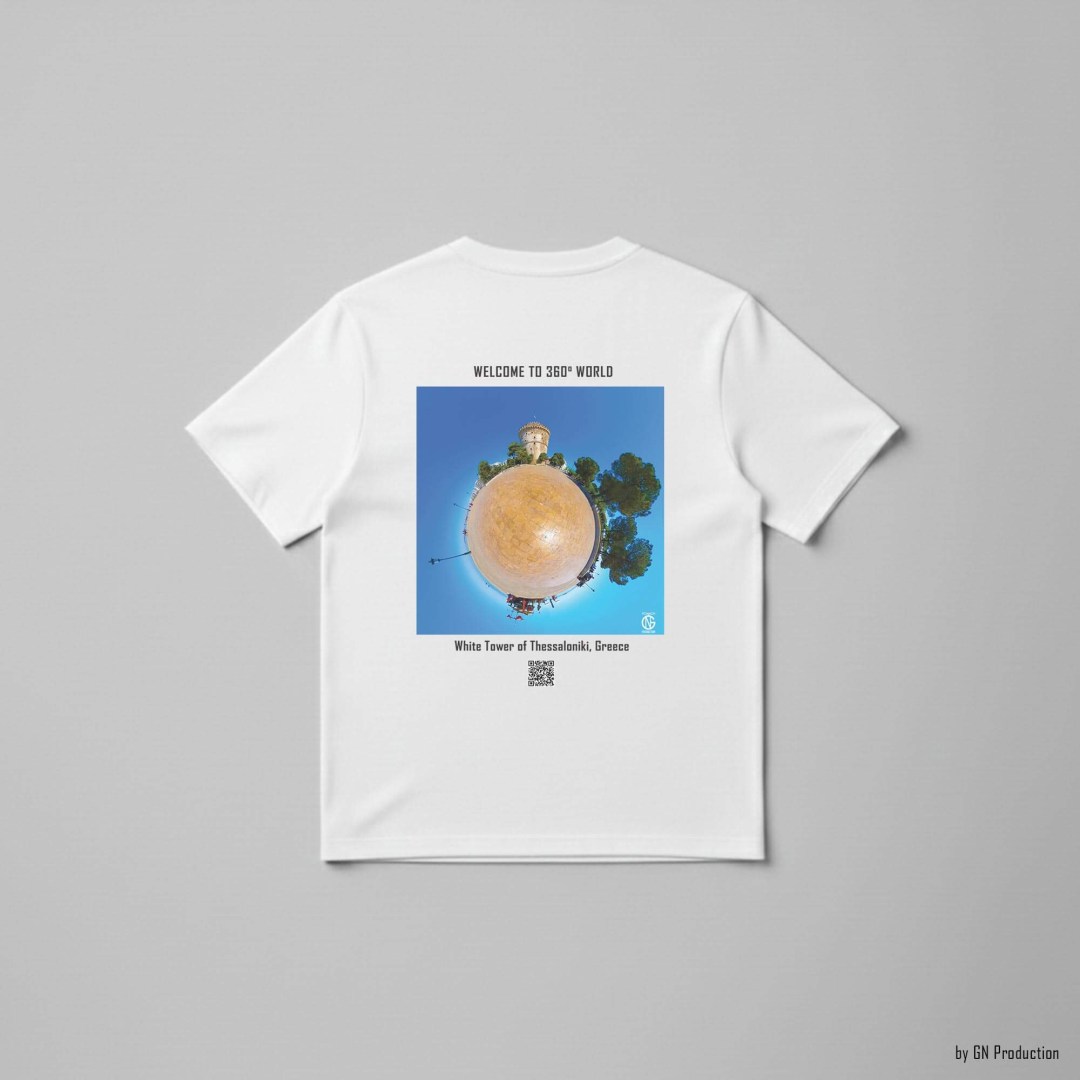 White art T-shirt featuring White Tower of Thessaloniki tiny-planet 360° artwork, modern Greek art apparel