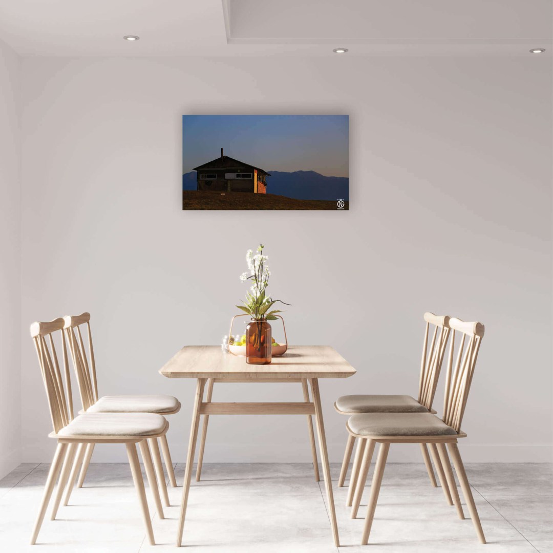 Fisherman’s House canvas displayed in a rustic kitchen space with wood accents and Greek light.