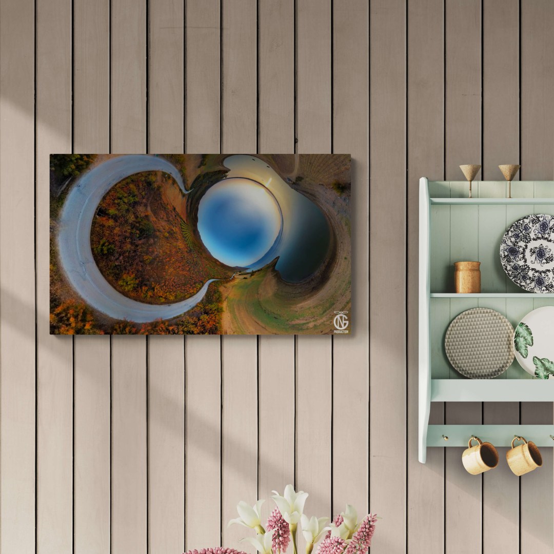 Lake Kerkini reverse sunset canvas in a warm farmhouse-style dining room with soft lighting and natural decor.