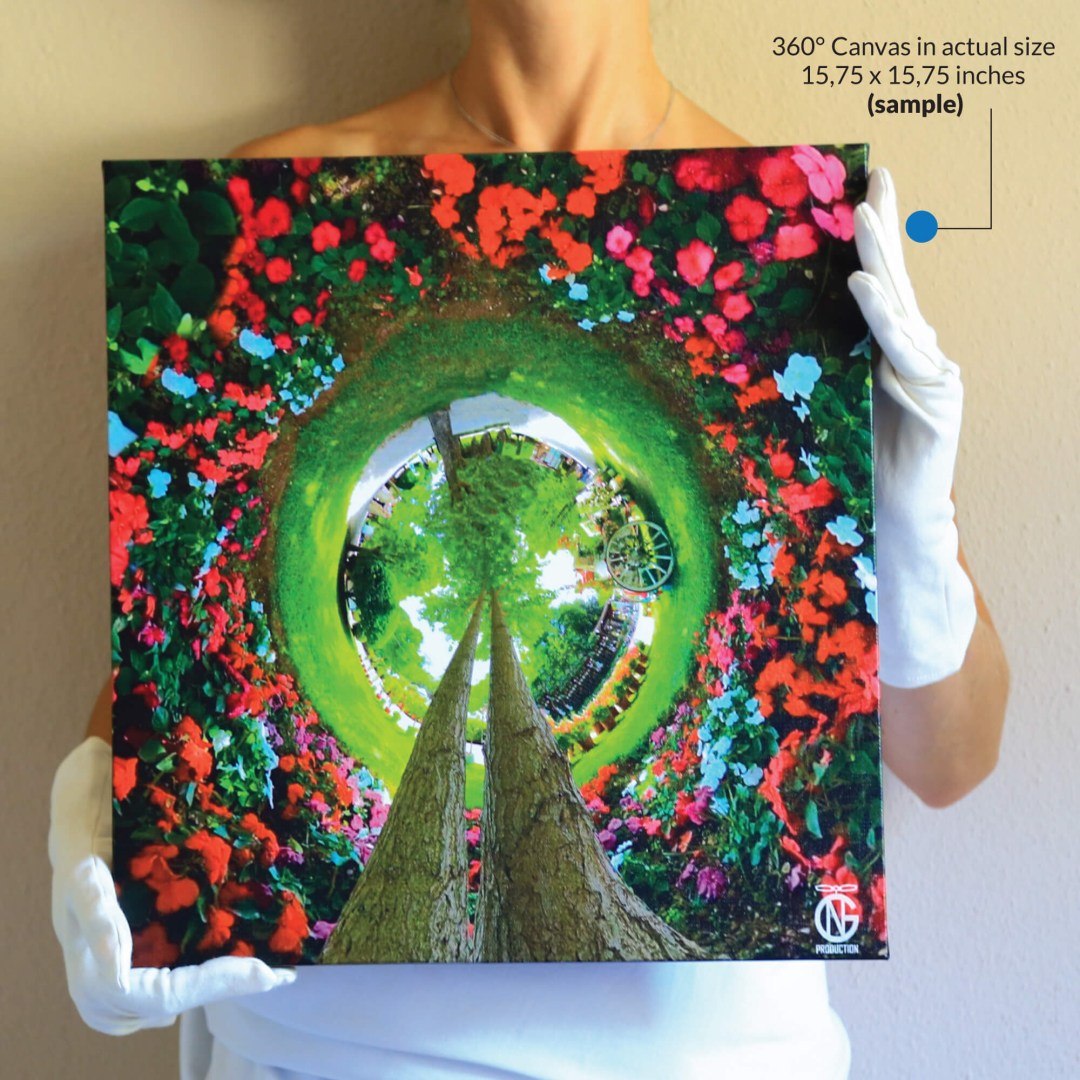 Person holding a 15.75x15.75 inch 360° canvas printed on 100% cotton, sample artwork showcasing vivid colors and fine detail.