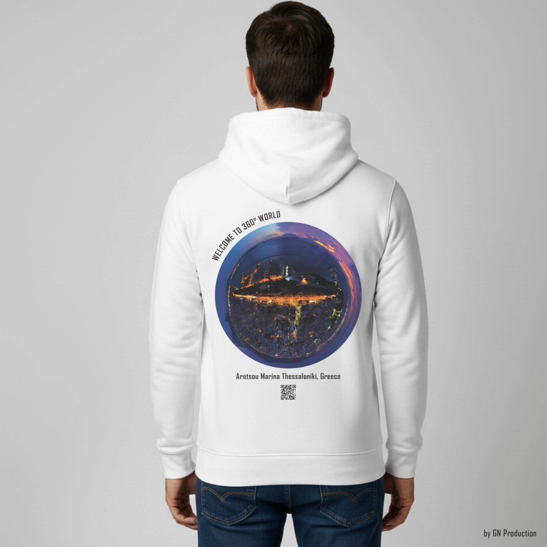 Back view of white GN Production hoodie with Aretsou Marina Thessaloniki night drone tiny-planet 360° artwork, urban coastal glow in circular composition.