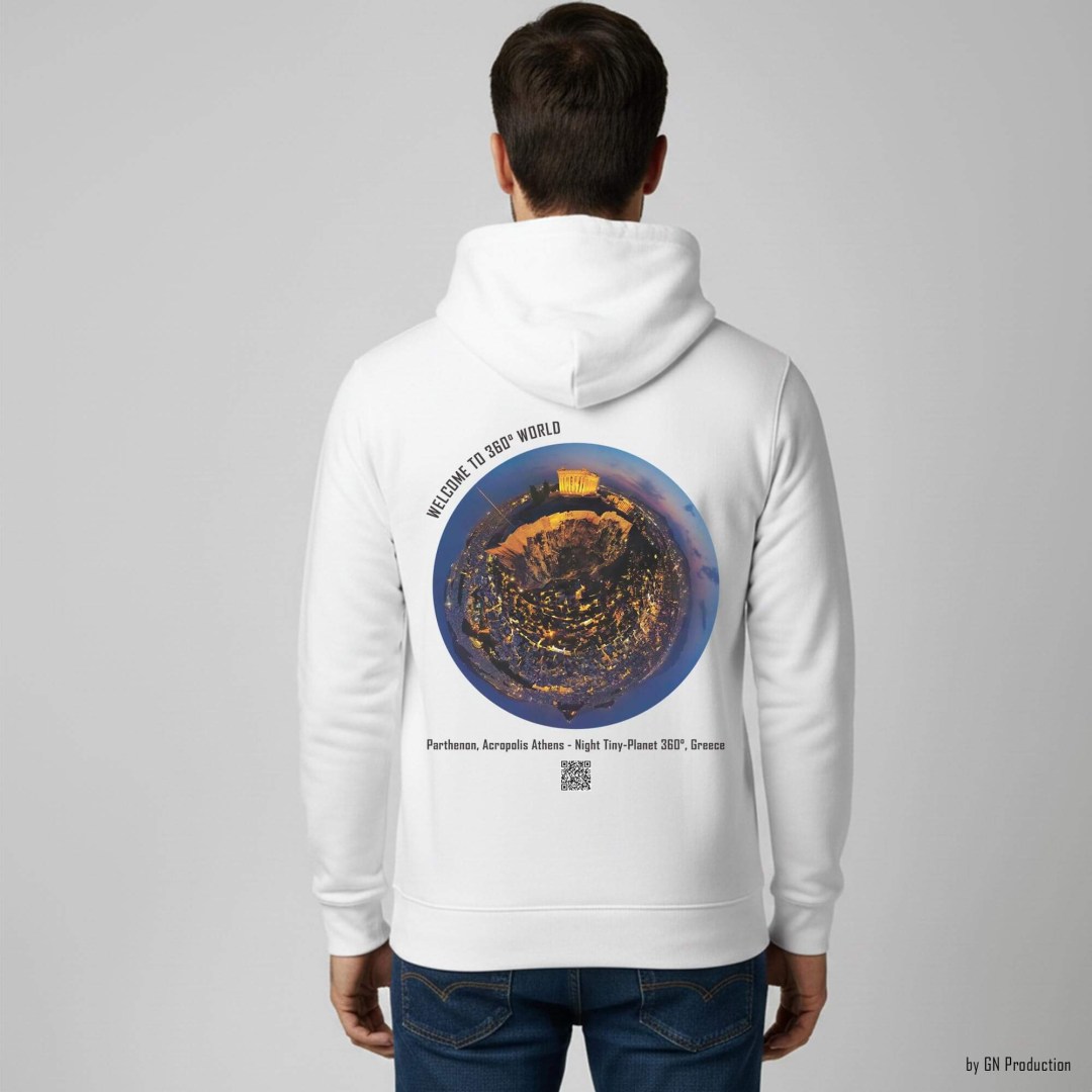 Man wearing white art hoodie with Parthenon Acropolis Athens night tiny-planet 360° artwork.