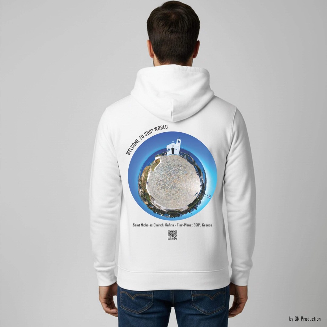 Man wearing white 360° art hoodie featuring Saint Nicholas Church Rafina tiny-planet photography.