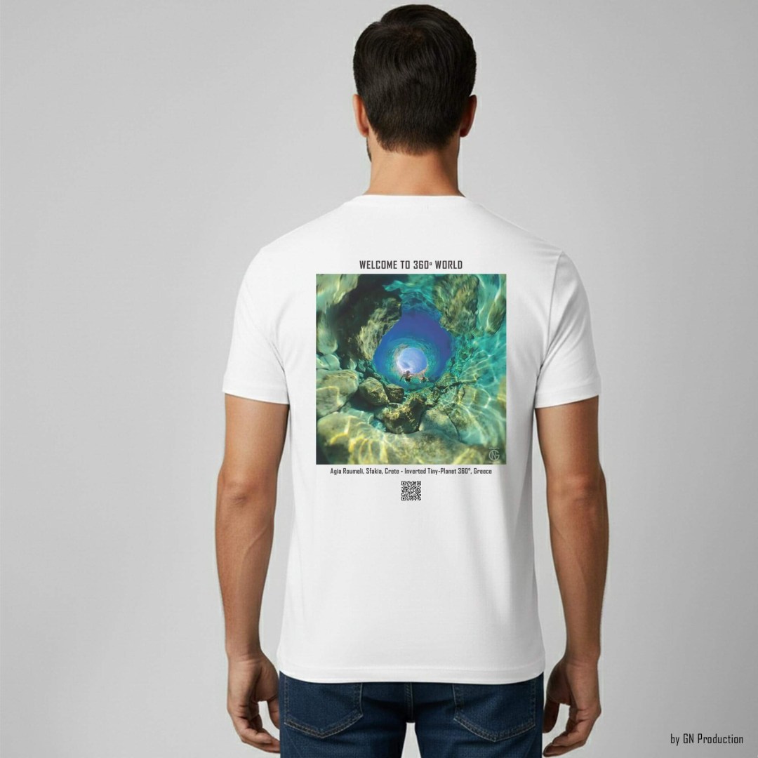 Man model wearing white art T-shirt featuring Agia Roumeli, Sfakia inverted tiny-planet 360° artwork, back view, Crete Greece