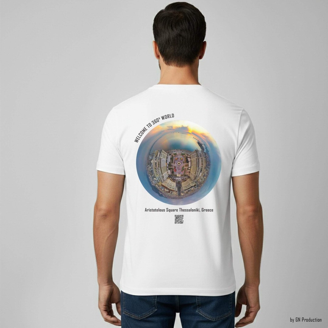 Man model wearing white art T-shirt featuring Aristotelous Square Thessaloniki golden-hour tiny-planet 360° Christmas edition artwork, back view, Greece