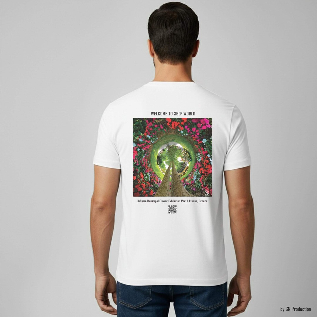 Man model wearing a white art T-shirt with a floral inverted tiny-planet 360° design from the Kifissia Municipal Flower Exhibition, Athens, by GN Production