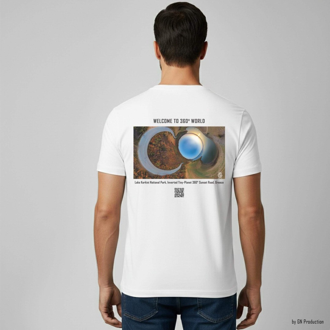 White art T-shirt worn by man model, back view, featuring Lake Kerkini National Park inverted tiny-planet 360° sunset road artwork with QR code, designed and handmade in Greece.