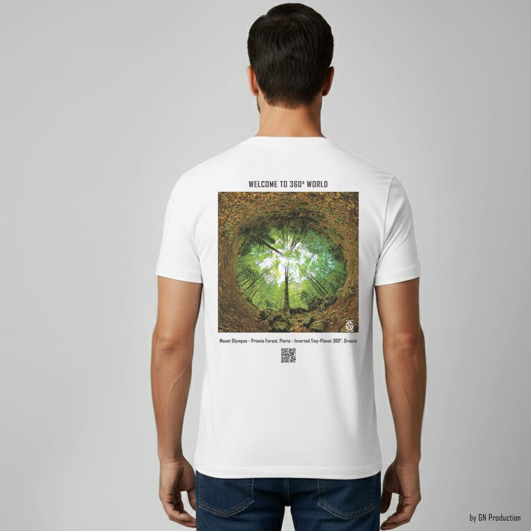 Man model wearing white Art T-Shirt with Mount Olympus – Prionia Forest inverted tiny-planet 360° artwork on the back, immersive forest perspective, GN Production.