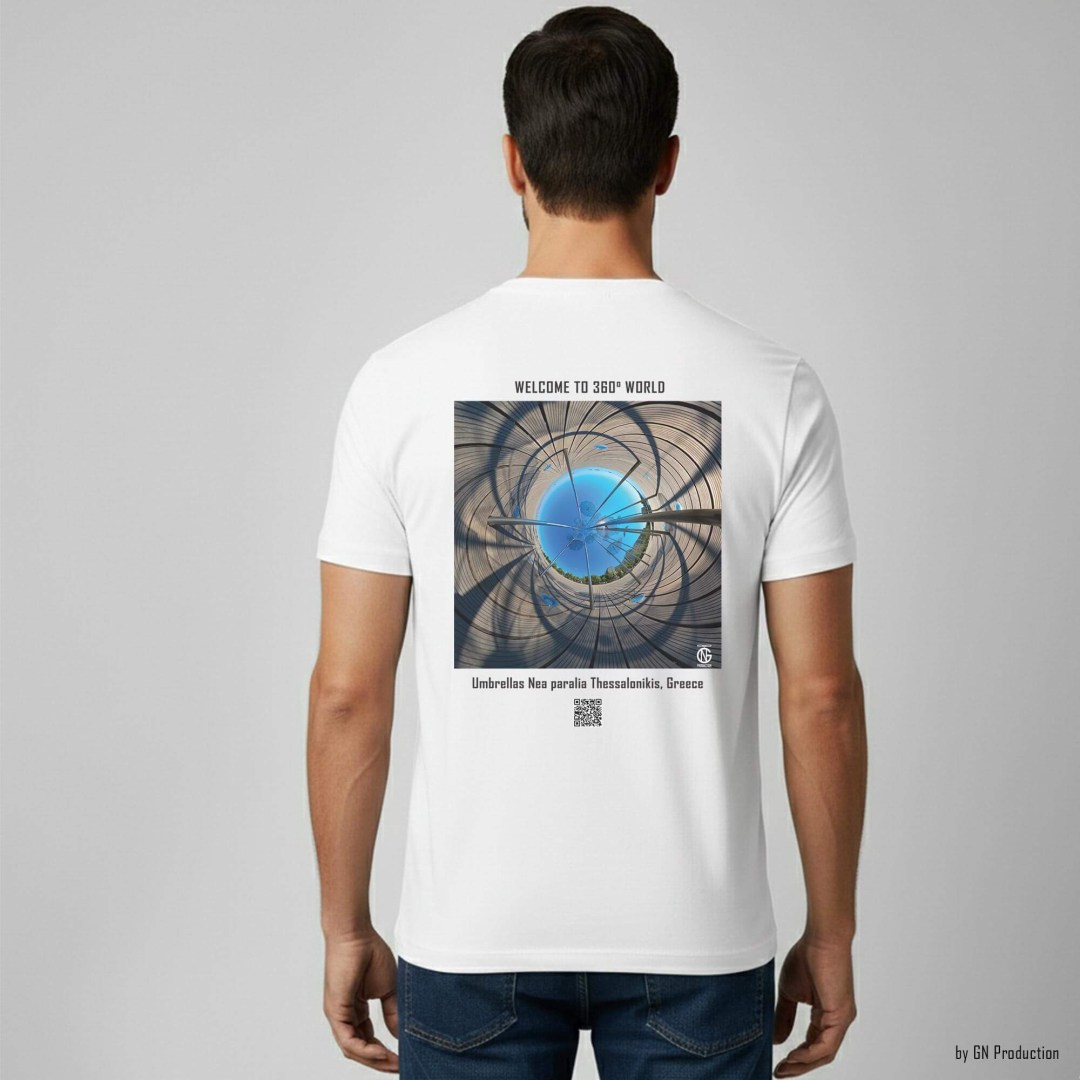 Man model wearing white art t-shirt with inverted tiny-planet 360° Umbrellas design from Nea Paralia, Thessaloniki, Greece.