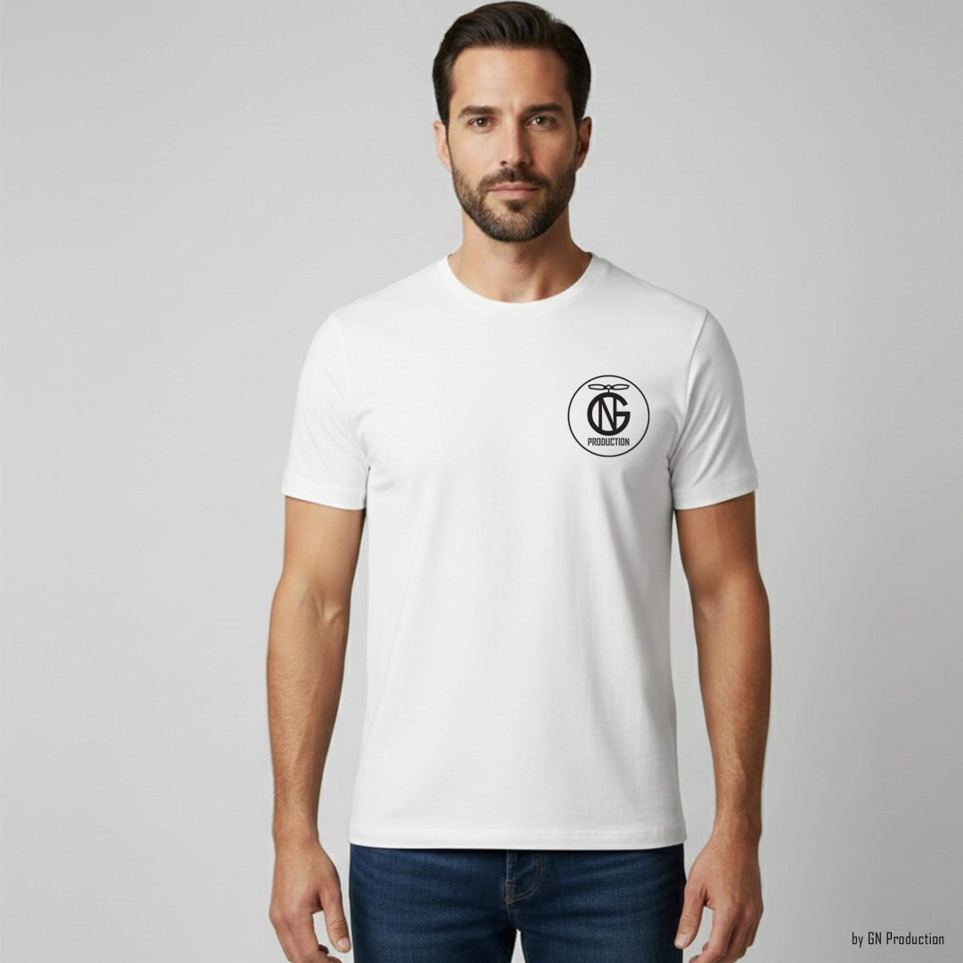 Man model wearing white art T-shirt with GN Production logo on front, minimal Greek art apparel.