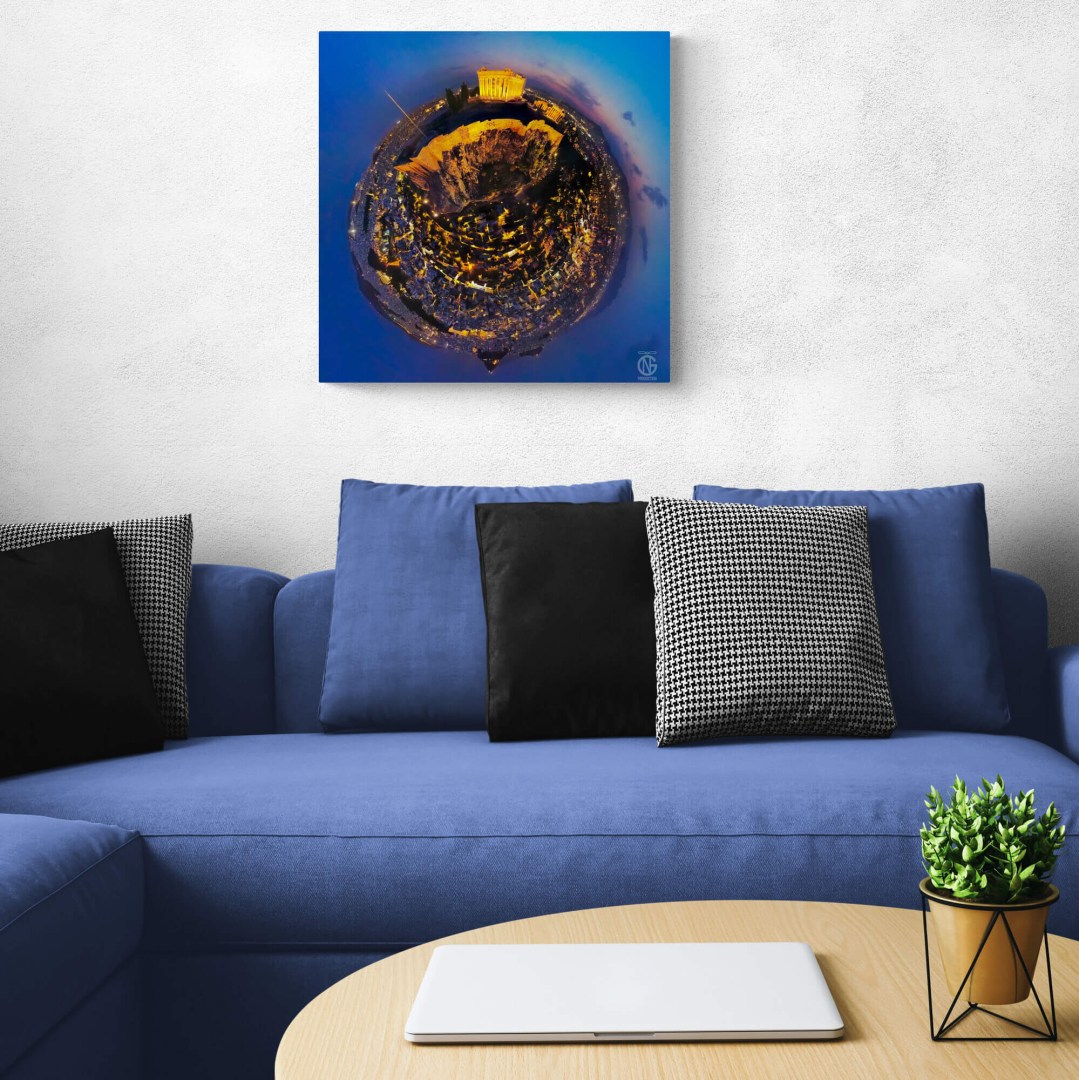 Parthenon tiny-planet 360° canvas adding a golden-blue night focal point above a navy sofa.