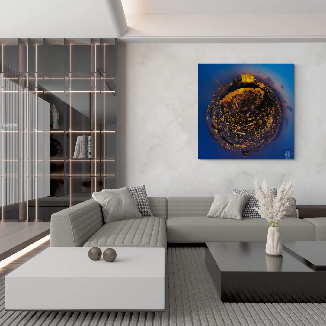 Large Parthenon tiny-planet canvas as a statement piece in a modern luxury living room.