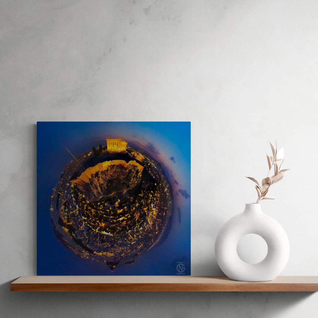 Close view of the Parthenon tiny-planet 360° canvas on a shelf beside a sculptural vase.