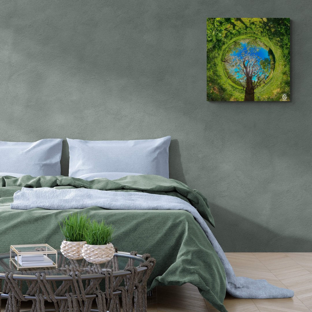 Cherry-orchard inverted tiny-planet canvas bringing fresh green tones above a serene bedroom.