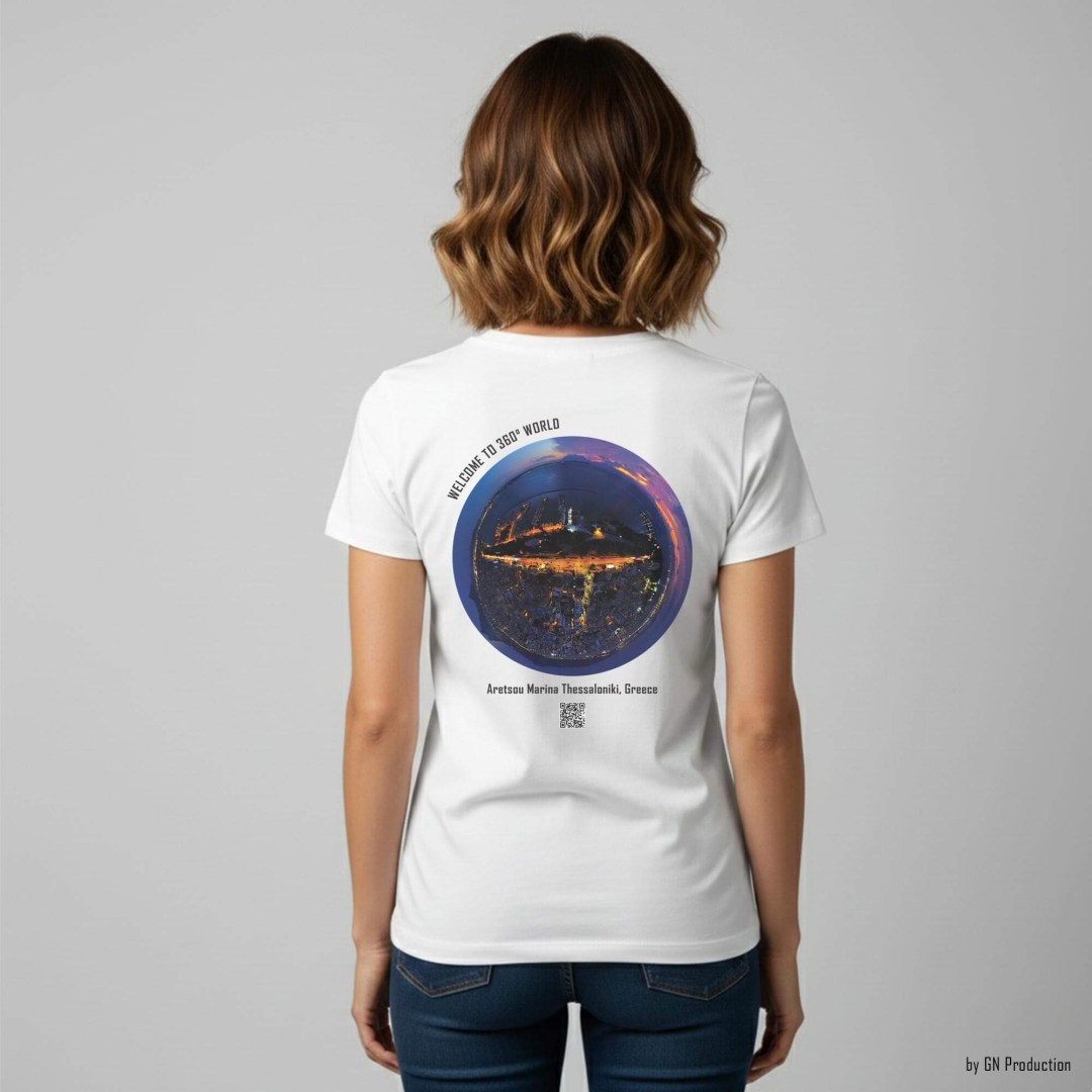 Woman model wearing white art T-shirt featuring Aretsou Marina Thessaloniki night drone tiny-planet 360° artwork, back view, Greece