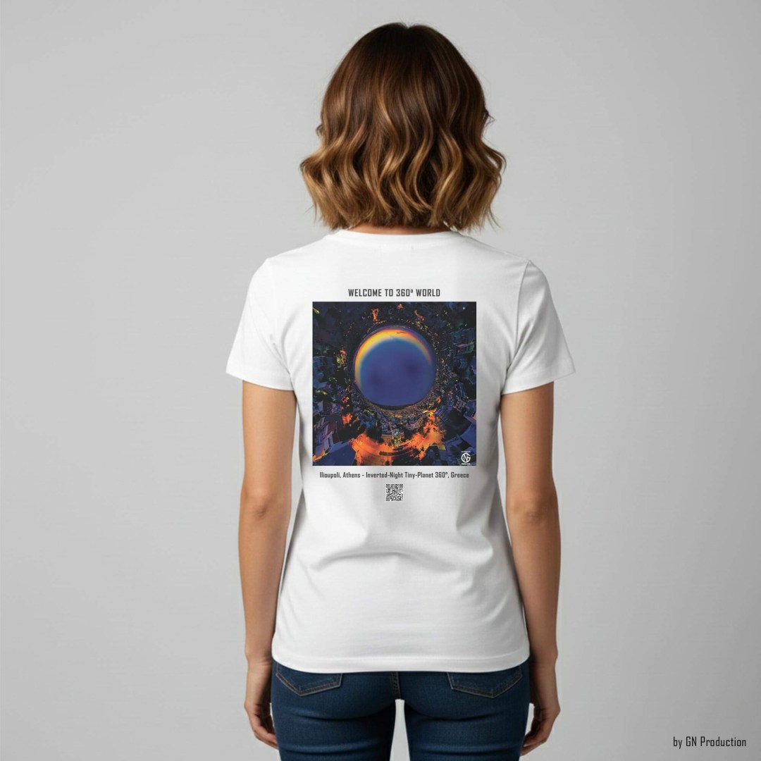 Woman wearing a white art T-shirt with inverted-night tiny-planet 360° design of Ilioupoli, Athens, featuring glowing city lights and deep blue night sky.
