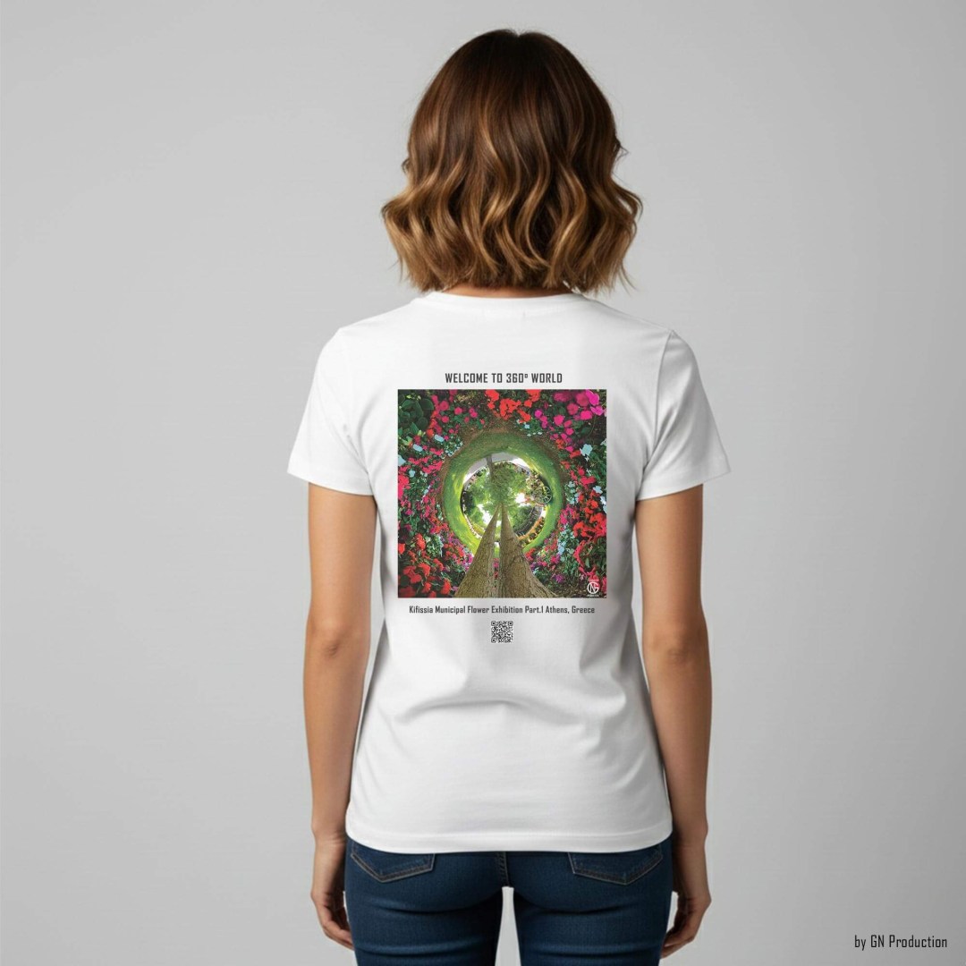 Woman model wearing a white art T-shirt featuring a floral inverted tiny-planet 360° artwork from the Kifissia Municipal Flower Exhibition, Athens.