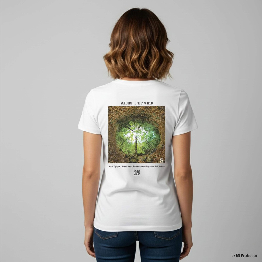 Woman model wearing white Art T-Shirt with Mount Olympus – Prionia Forest inverted tiny-planet 360° artwork on the back, forest canopy forming a circular composition, GN Production, handmade in Greece.
