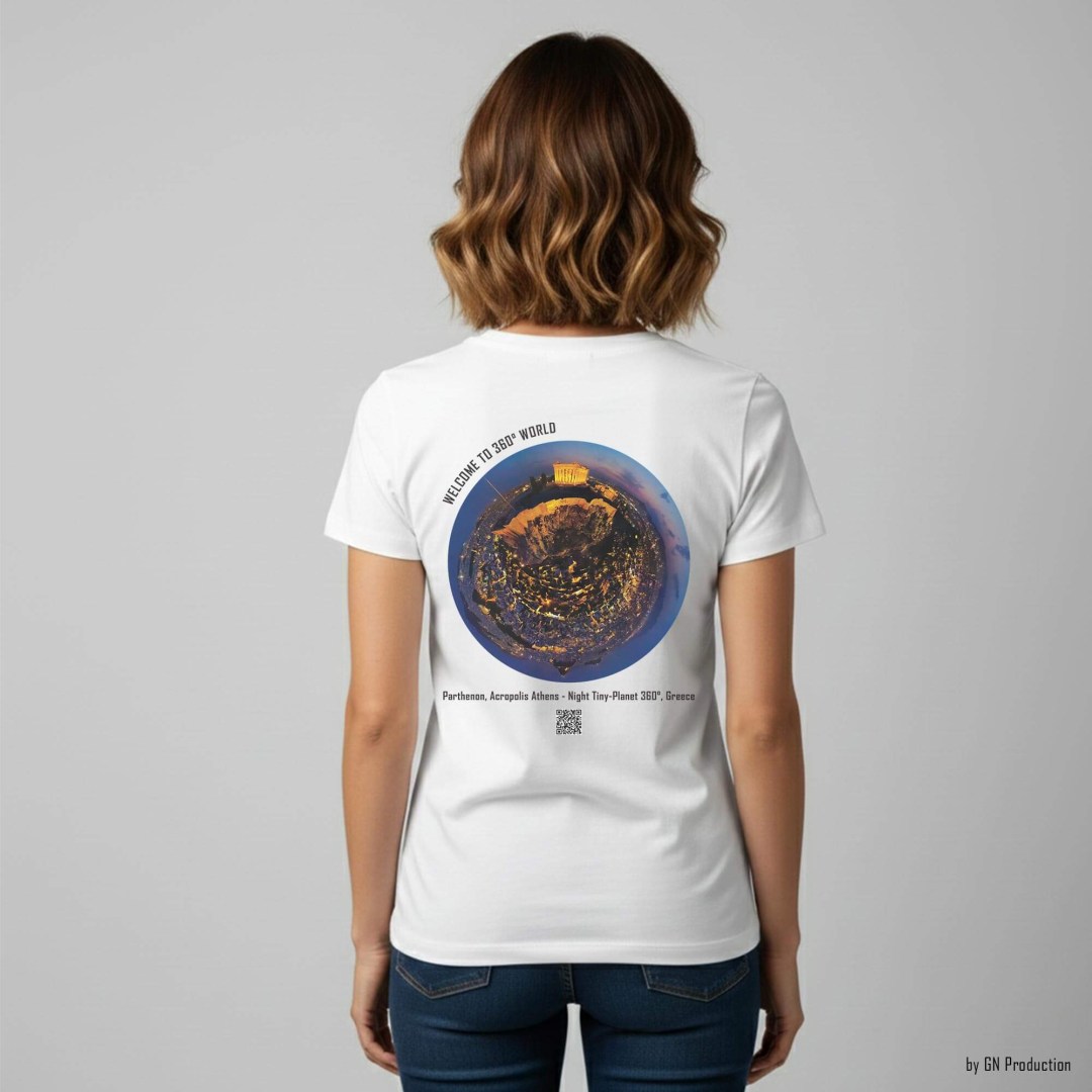 Woman wearing white art t-shirt featuring Parthenon Acropolis Athens night tiny-planet 360° artwork on the back