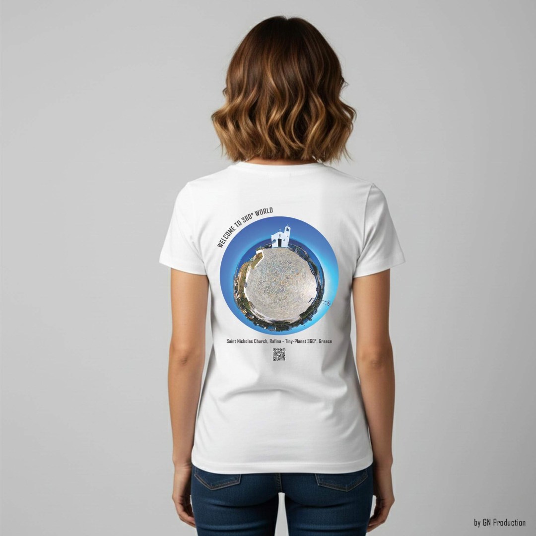 Woman model wearing white art T-shirt with Saint Nicholas Church, Rafina tiny-planet 360° artwork on the back, Greek coastal light.