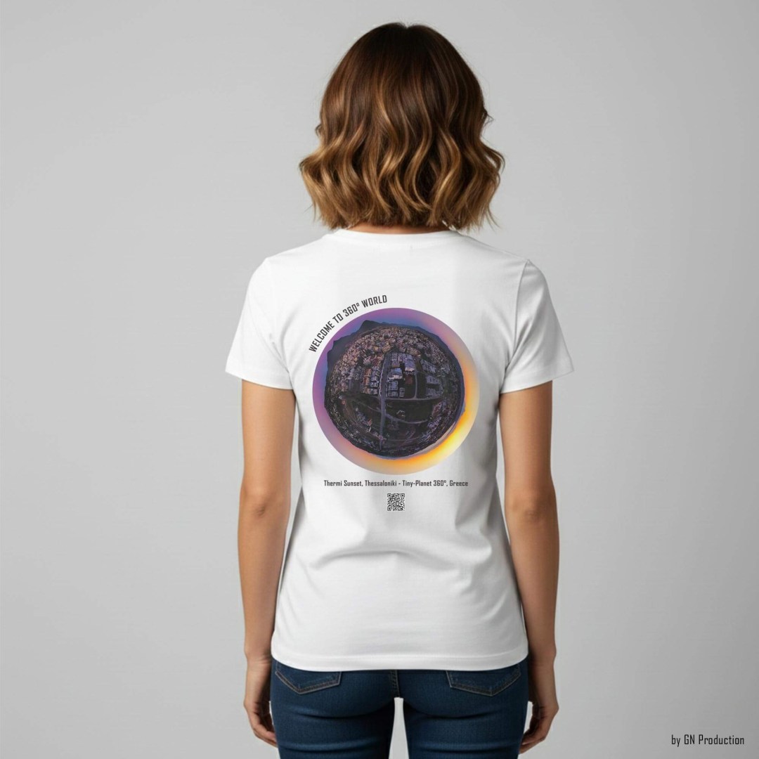 Woman wearing white art T-shirt with Thermi Sunset, Thessaloniki tiny-planet 360° print on the back, GN Production Greek art apparel.