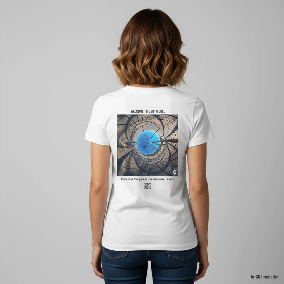 Woman model wearing white art t-shirt with inverted tiny-planet 360° artwork of Zongolopoulos’ Umbrellas, Thessaloniki.